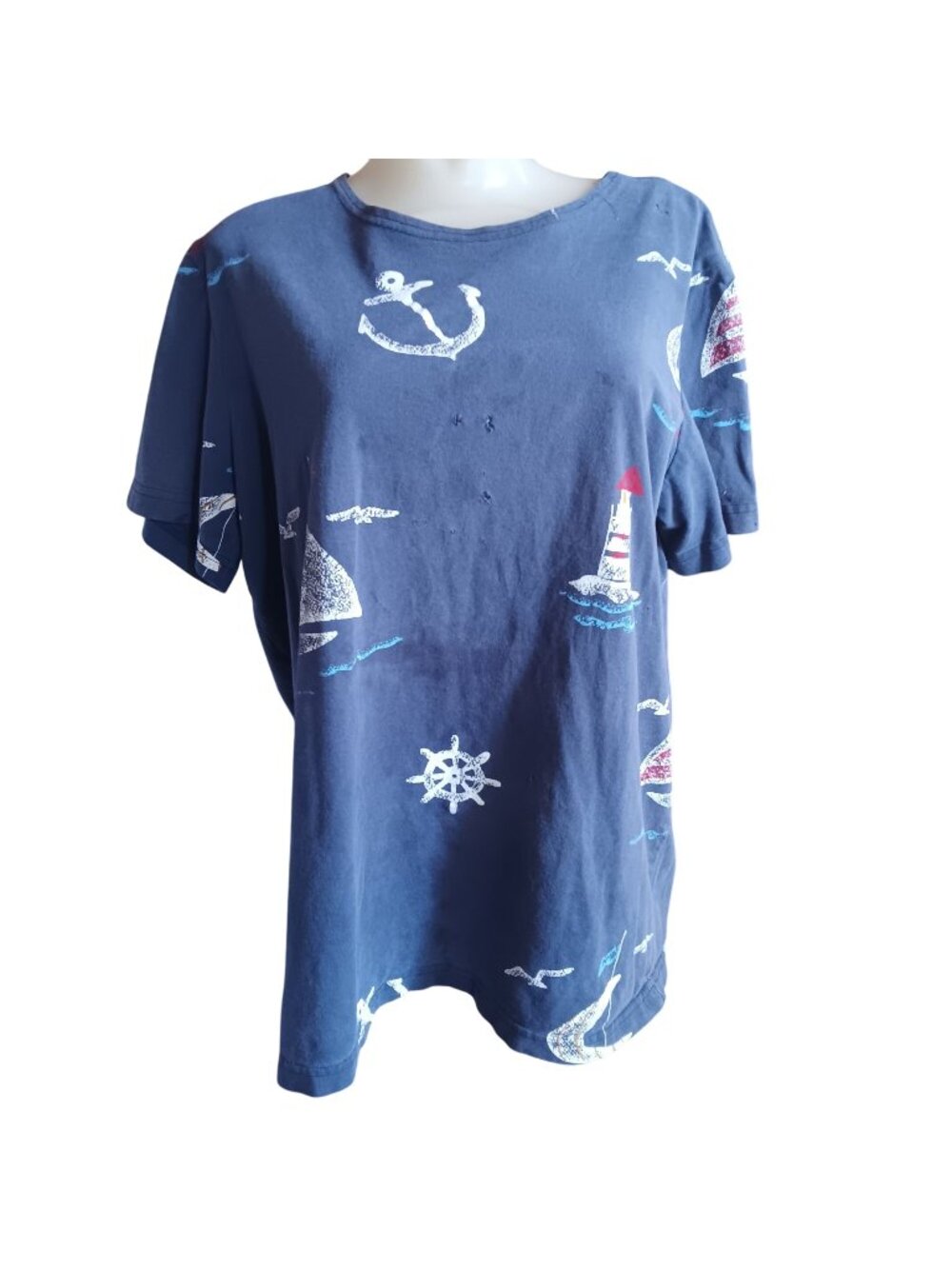 Lighthouse Anchors Vintage Large Women's T-shirt 80's Nautical-Themed Blue AOP